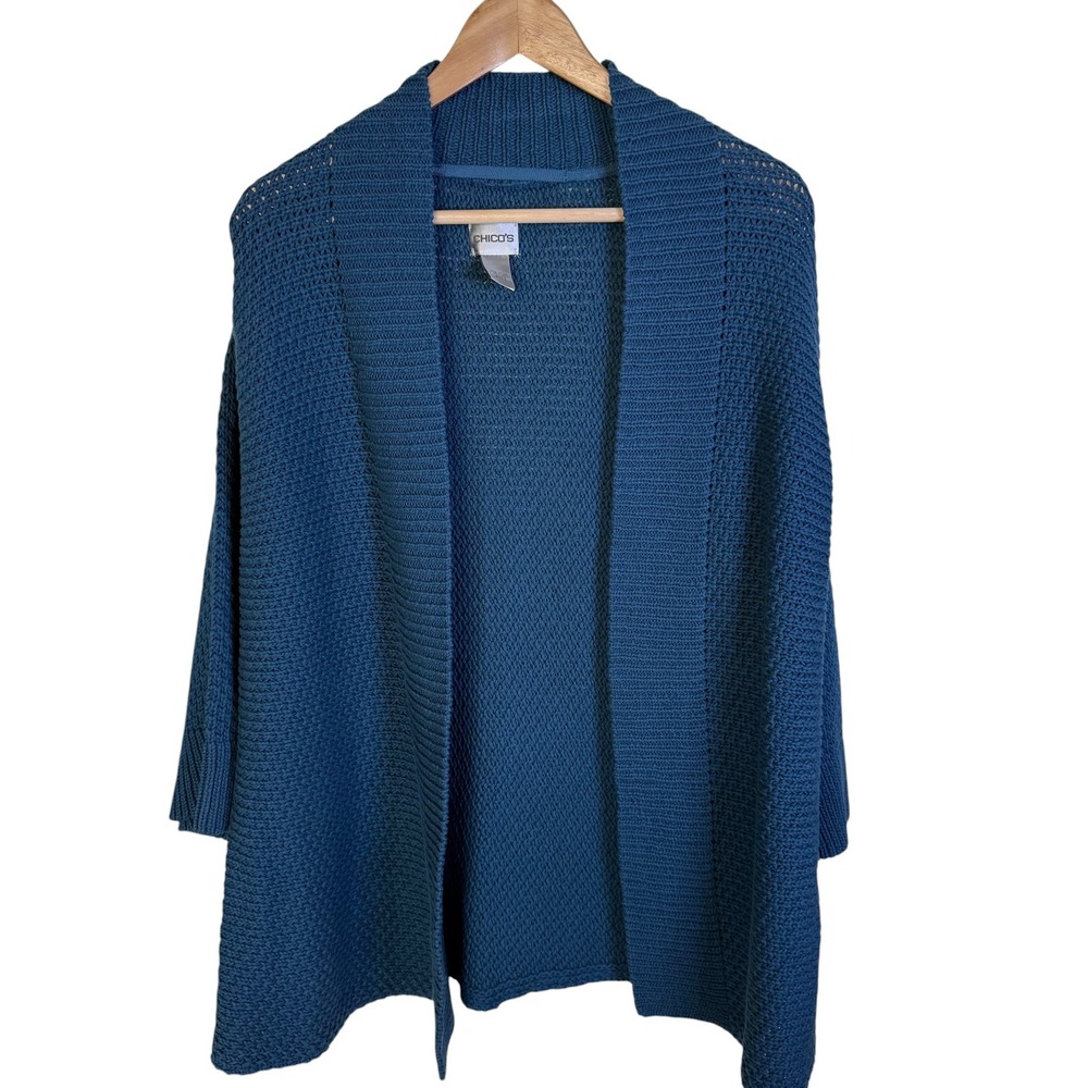 Chico's Cardigan Women Size 2 Teal Blue Excellent Open Front Kimono Cotton